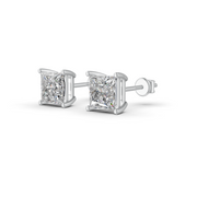 Princess Cut Real Moissanite 4 Prong Solitaire Stud Earrings Screw Back 14K Gold Plated